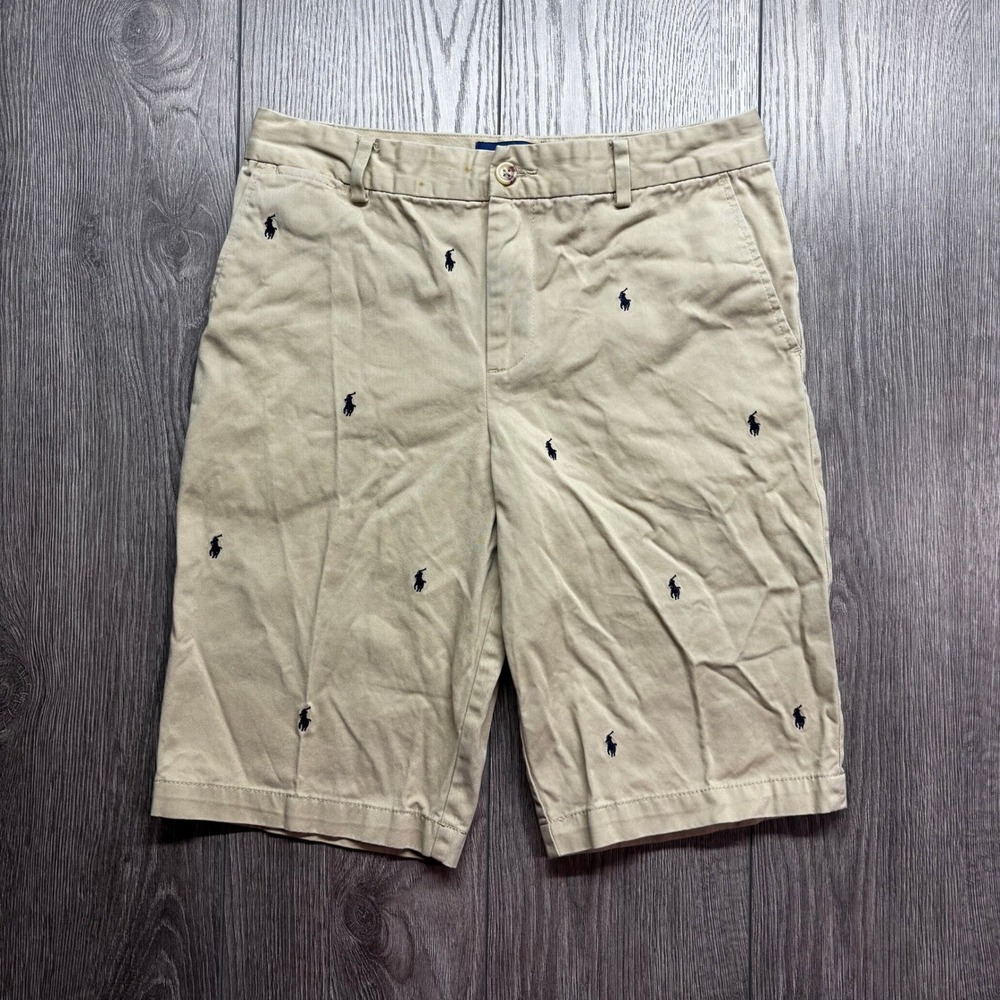 Polo Ralph Lauren Boys 18 Khaki Chino Shorts Navy Blue All Over Pony Logo Tan